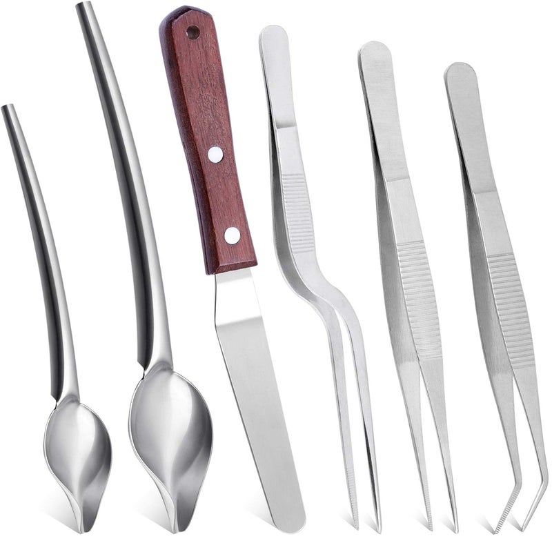 Cridoz 6 Pcs Stainless Steel Kitchen Cooking Tweezers Precision Tongs Drawing Spoons Offset Spatula for Food Culinary Plating Decorating - Image 1